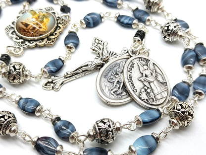 Saint Michael unique rosary beads prayer chaplet with blue glass beads and silver crucifix, Saint Michael picture medal and silver bead caps.