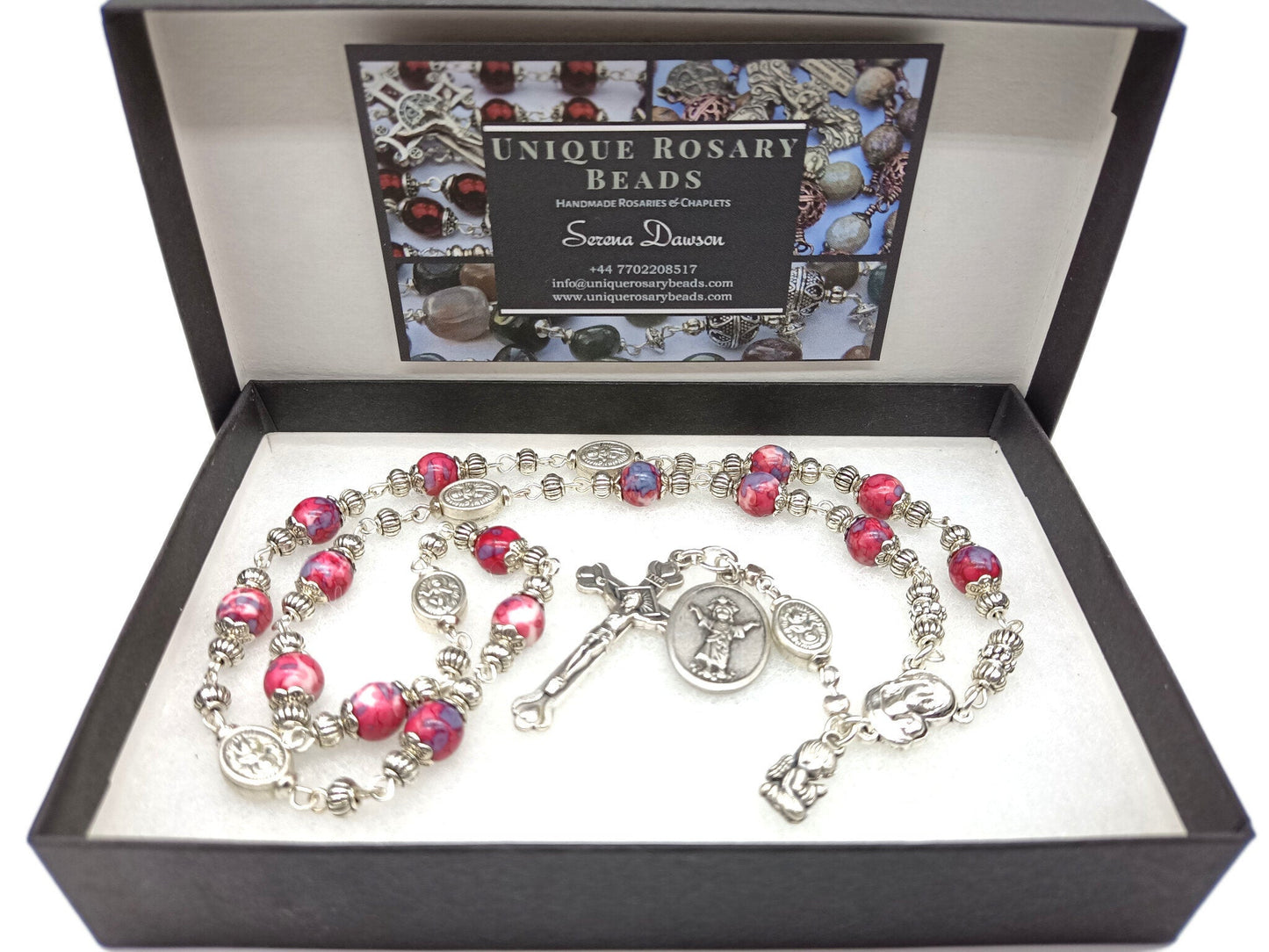 Gemstone Divino Nino unique rosary beads chaplet for the unborn with silver guardian angel medals.