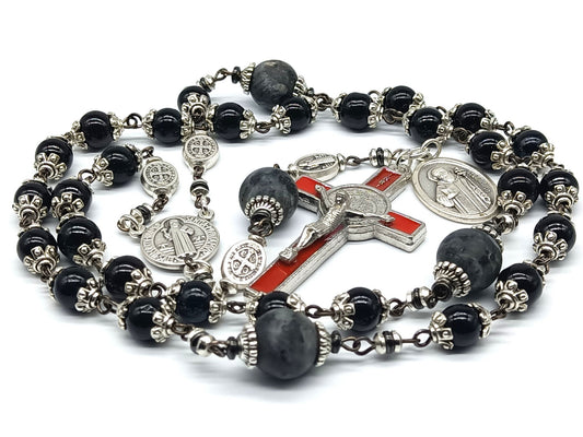 Saint Benedict unique rosary beads prayer chaplet with onyx and gemstone beads, red enamel St. Benedict crucifix and silver medals.