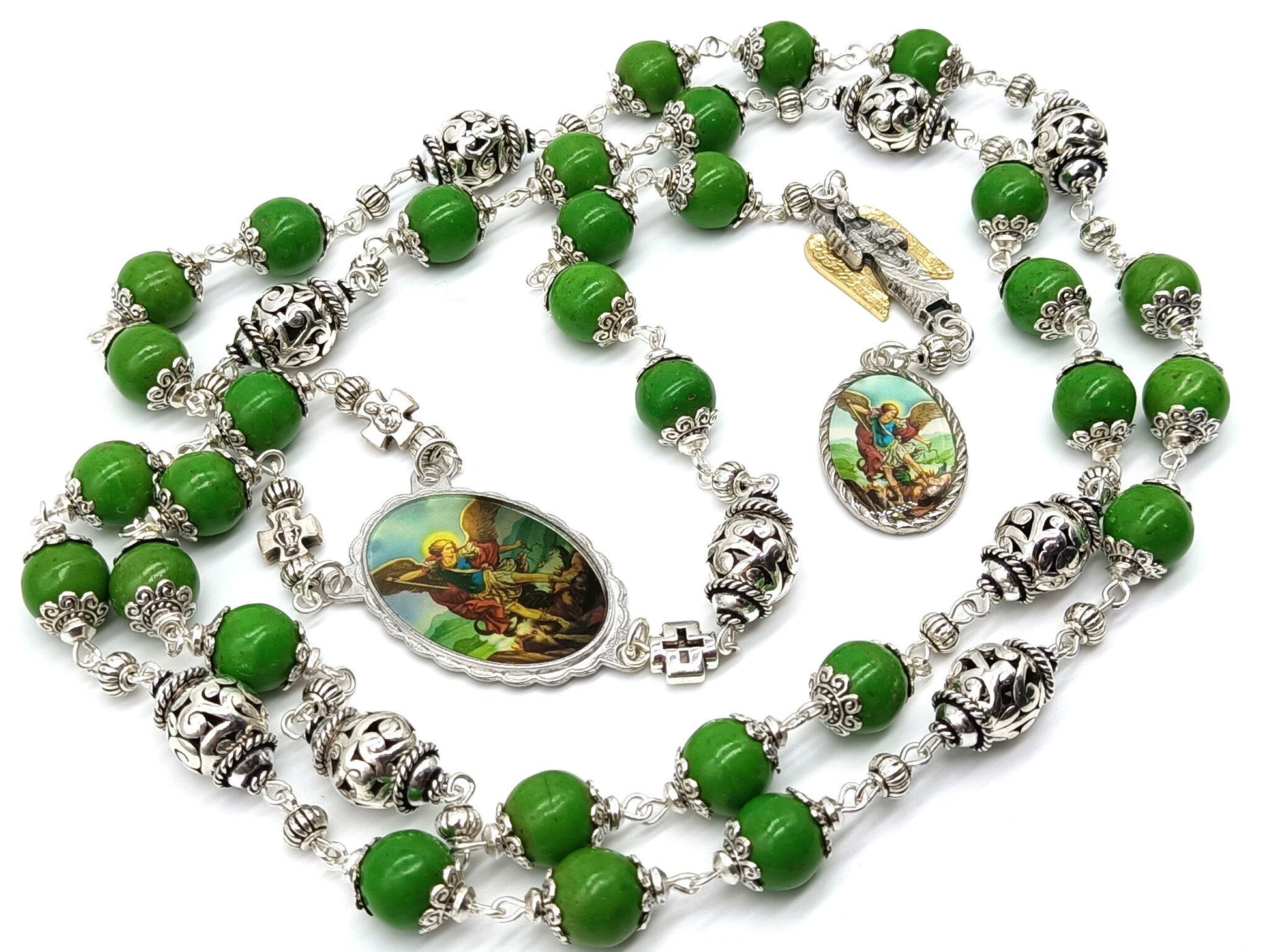 Saint Michael unique rosary beads prayer chaplet with green gemstone beads and silver picture medals, angel medal and silver bead caps.
