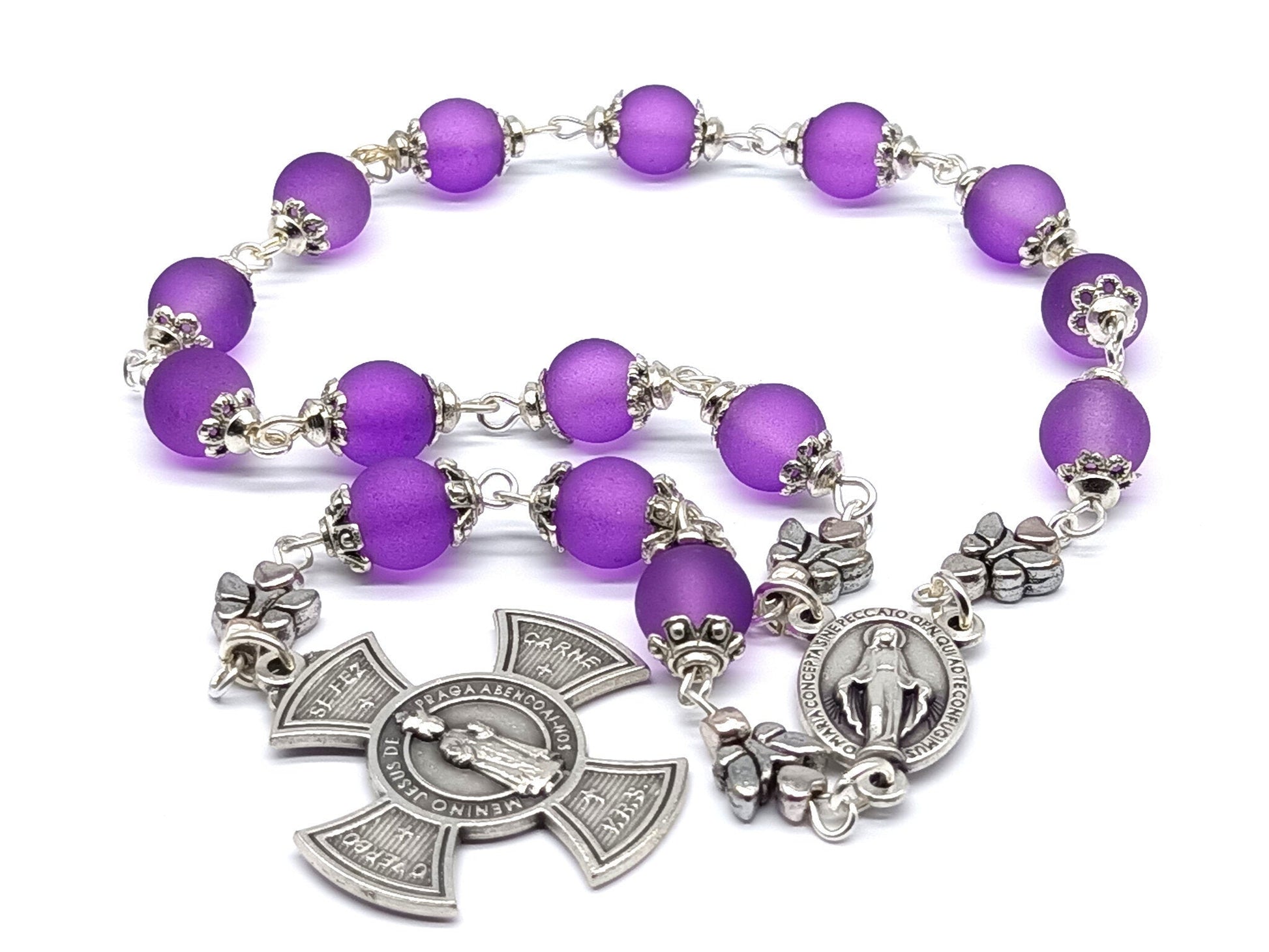 Infant of Prague unique rosary beads prayer chaplet with purple frosted glass beads and silver cross and miraculous medal.