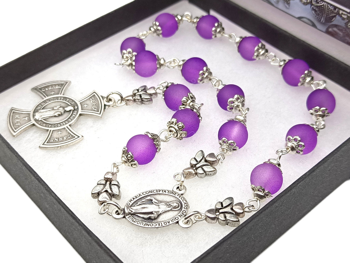 Infant of Prague unique rosary beads prayer chaplet with purple frosted glass beads and silver cross and miraculous medal.