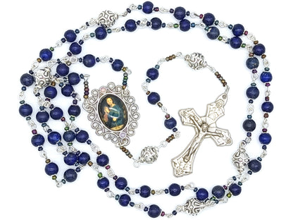 Lapis Lazuli unique rosary beads with silver crucifix, pater beads and Virgin Mary picture centre medal.