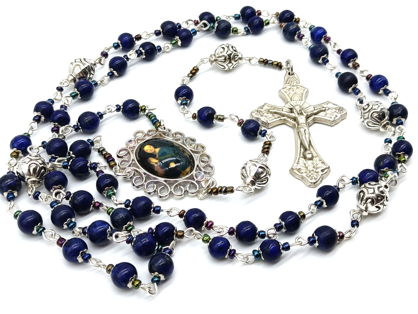 Lapis Lazuli unique rosary beads with silver crucifix, pater beads and Virgin Mary picture centre medal.