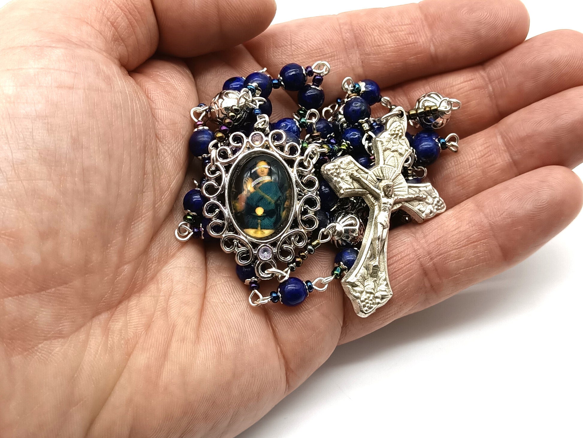 Lapis Lazuli unique rosary beads with silver crucifix, pater beads and Virgin Mary picture centre medal.