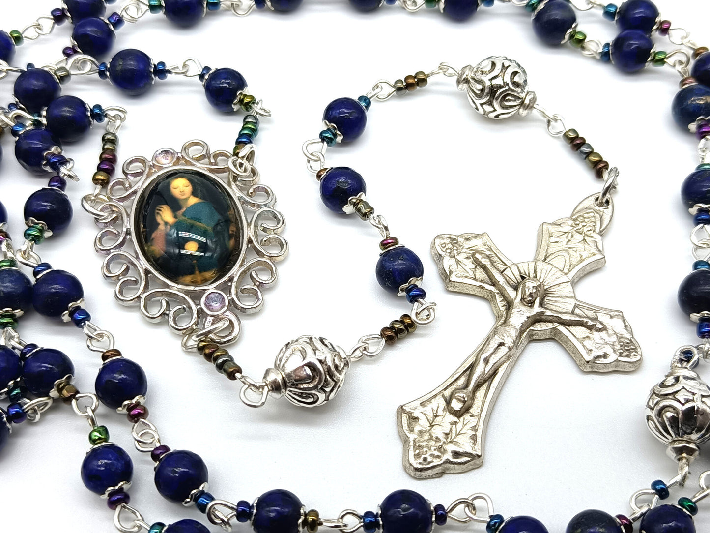 Lapis Lazuli unique rosary beads with silver crucifix, pater beads and Virgin Mary picture centre medal.