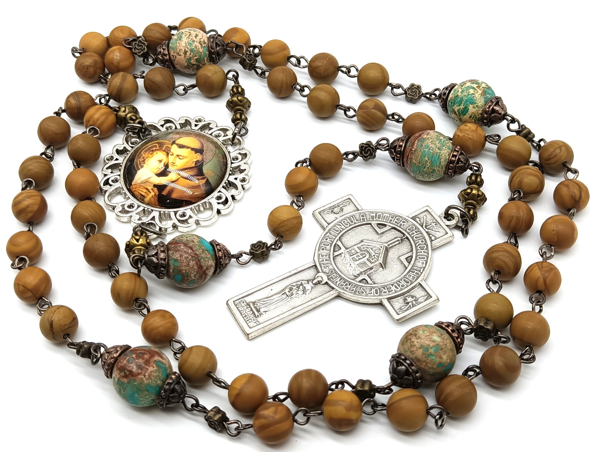 Saint Anthony of Padua gemstone unique rosary beads with Saint Francis blessing crucifix and silver Saint Anthony picture centre medal.