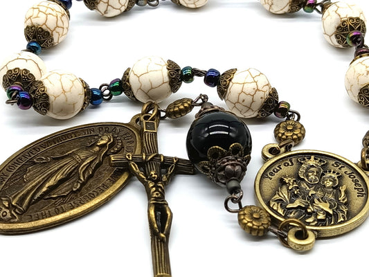 Year of Saint Joseph unique rosary beads single decade with gemstone beads, bronze crucifix, miraculous medal and St. Joseph medal.