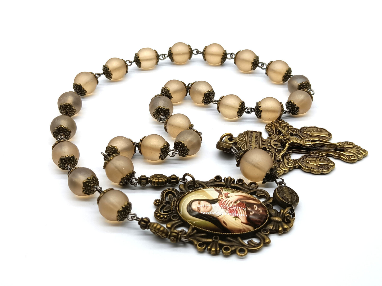 Saint Therese unique rosary beads prayer chaplet with glass beads, bronze Pardon crucifix and centre picture medal.
