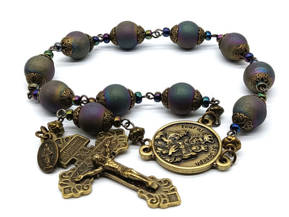 Year of Saint Joseph unique rosary beads single decade with petrol coloured hematite gemstone beads, bronze Pardon crucifix and St. Joseph medal.