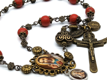 Sacred Heart unique rosary beads single decade with howlite gemstone beads, bronze Holy Trinity crucifix, bead caps and picture centre medal.