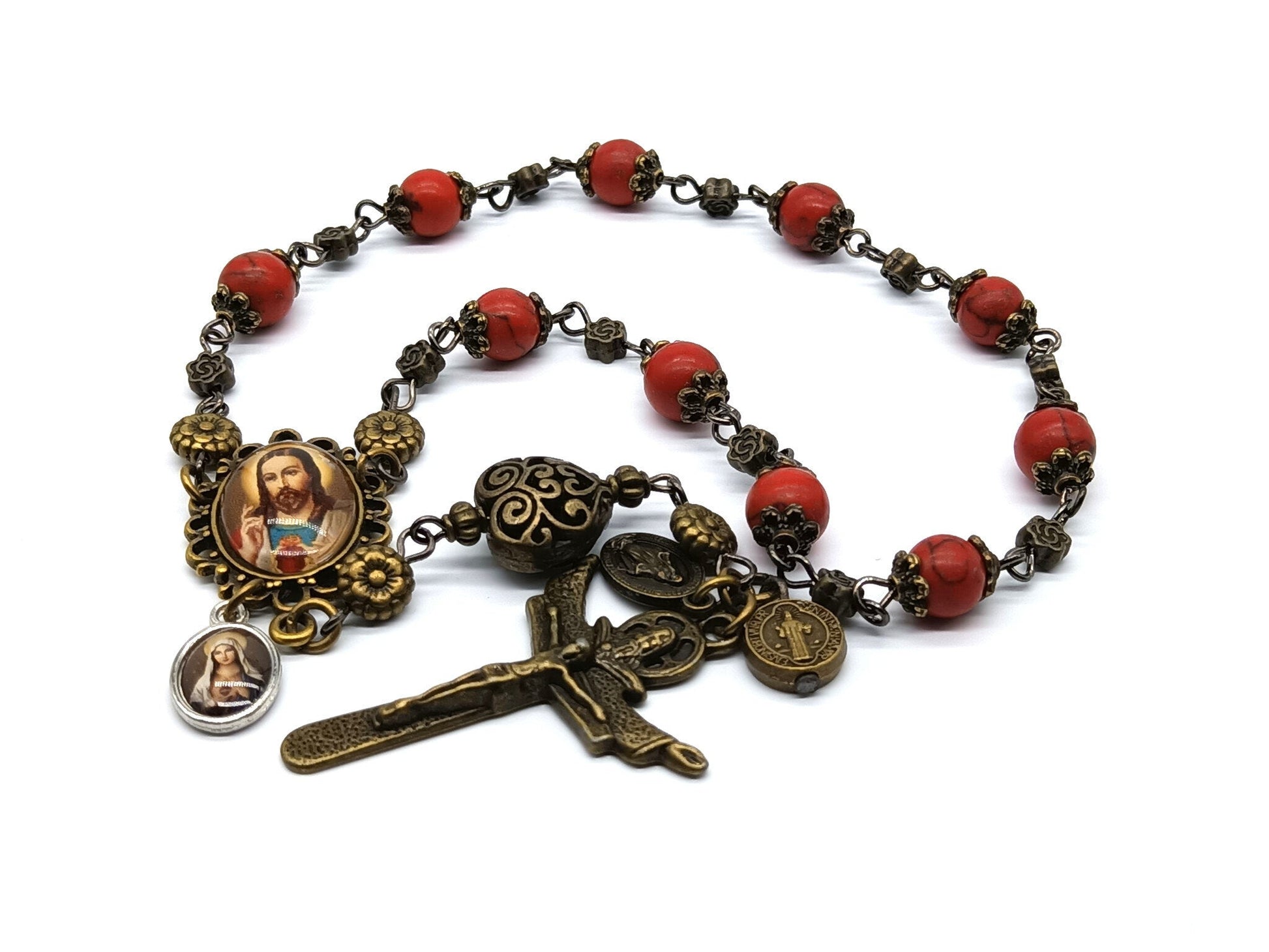 Sacred Heart unique rosary beads single decade with howlite gemstone beads, bronze Holy Trinity crucifix, bead caps and picture centre medal.