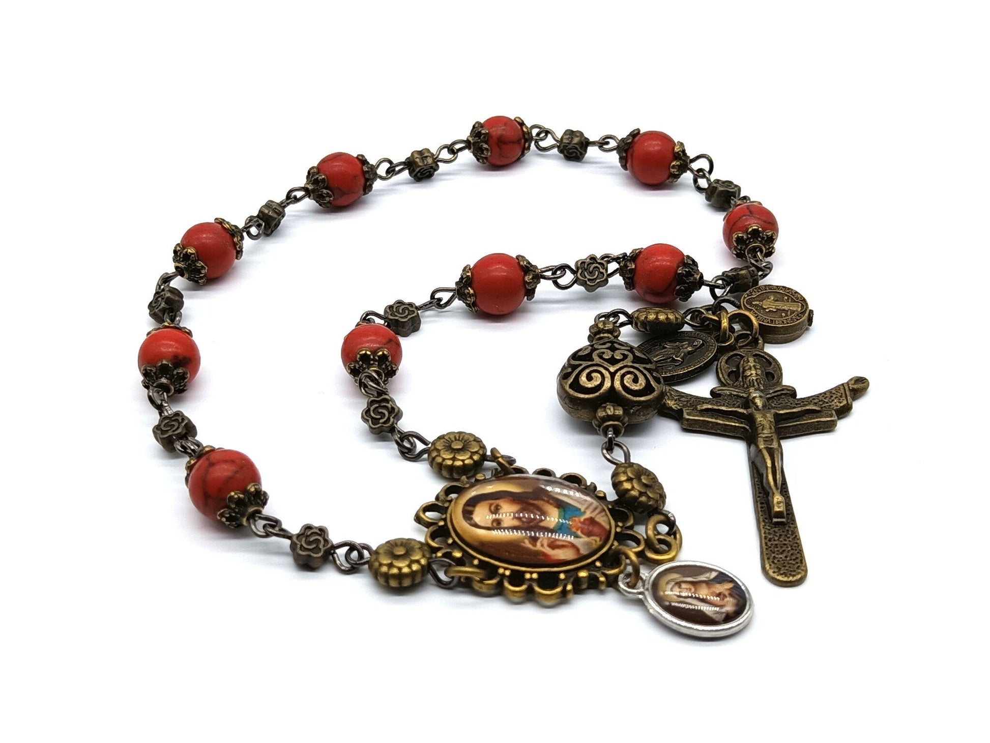 Sacred Heart unique rosary beads single decade with howlite gemstone beads, bronze Holy Trinity crucifix, bead caps and picture centre medal.