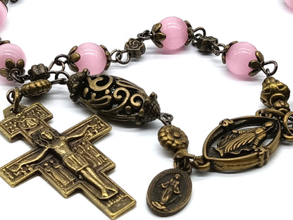 Miraculous medal unique rosary beads single decade with pink glass beads, bronze St. Francis crucifix, bead caps and centre medal.