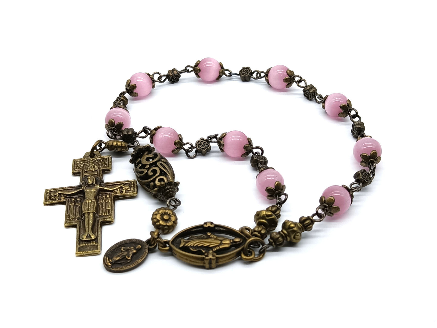 Miraculous medal unique rosary beads single decade with pink glass beads, bronze St. Francis crucifix, bead caps and centre medal.