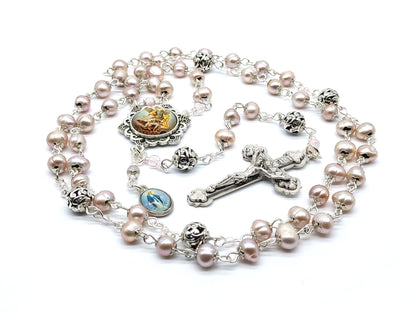 Genuine mother of pearl unique rosary beads with silver crucifix, Saint Michael picture centre medal, silver pater beads and bead caps.