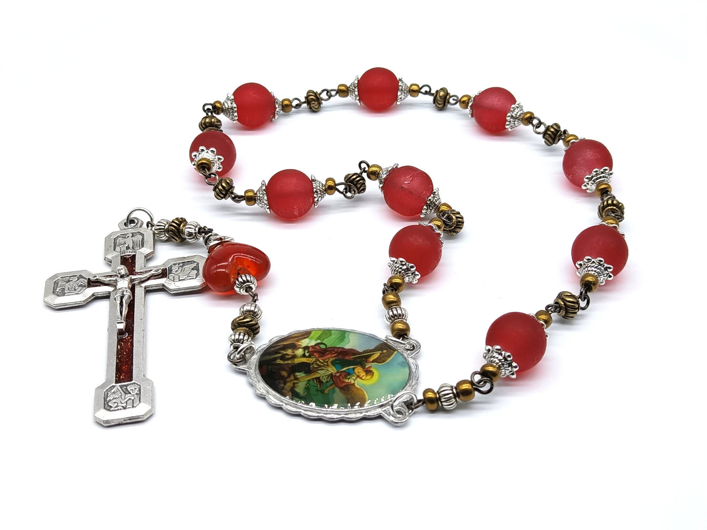 Saint Michael unique rosary beads single decade, with red glass beads, silver and red enamel way of the cross crucifix and picture centre medal.