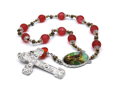 Saint Michael unique rosary beads single decade, with red glass beads, silver and red enamel way of the cross crucifix and picture centre medal.