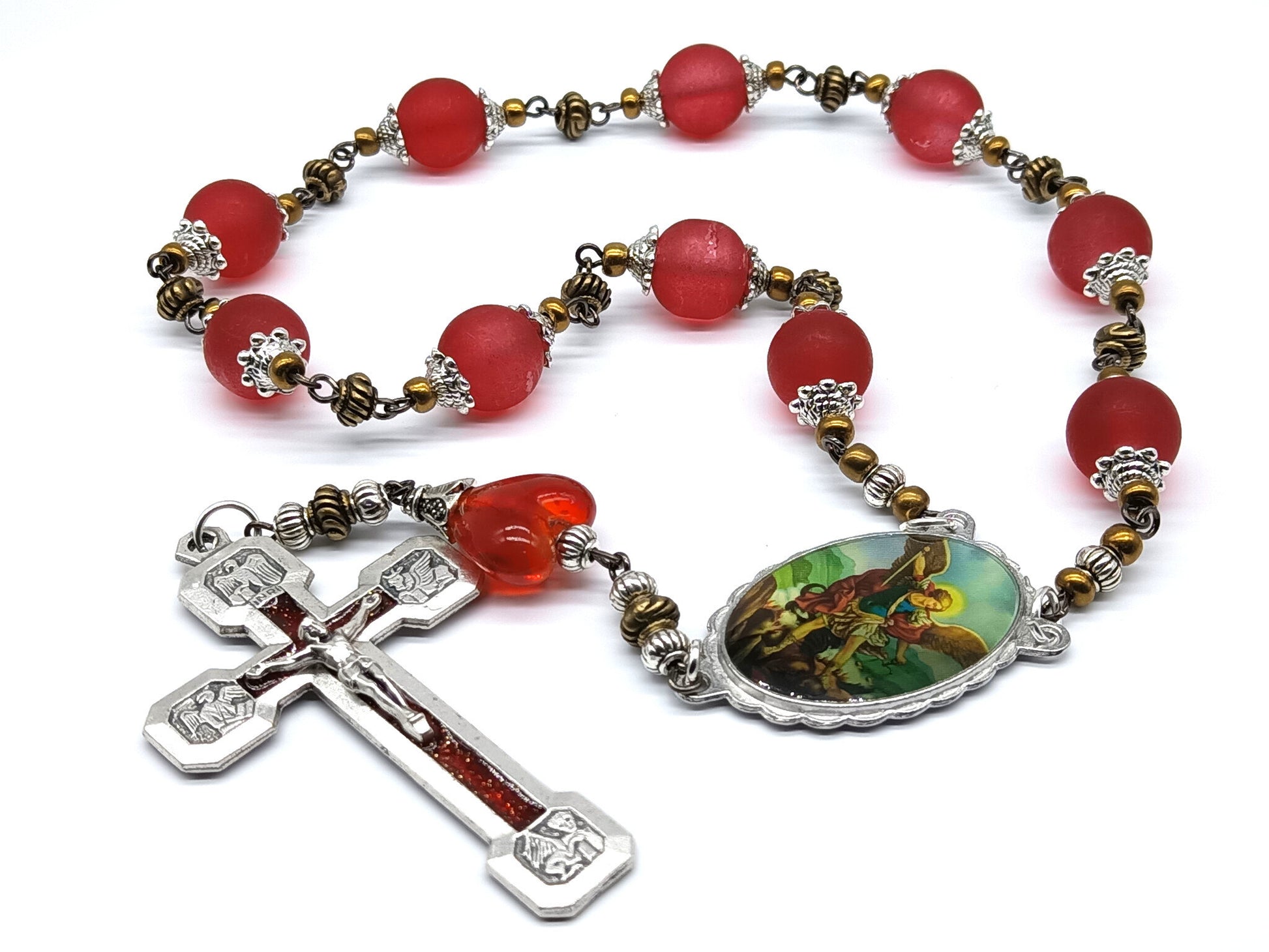 Saint Michael unique rosary beads single decade, with red glass beads, silver and red enamel way of the cross crucifix and picture centre medal.