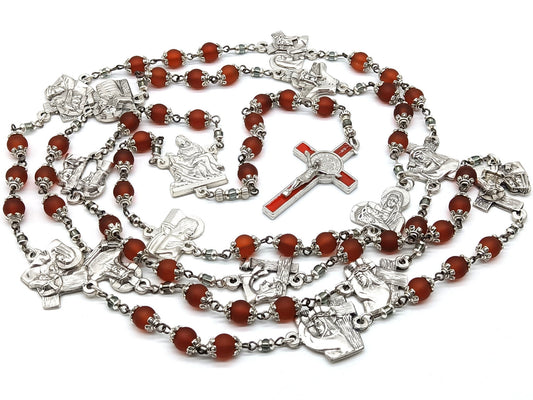 Stations of the Cross unique rosary beads prayer beads with red glass beads and silver stations medals, red and silver St. Benedict crucifix.