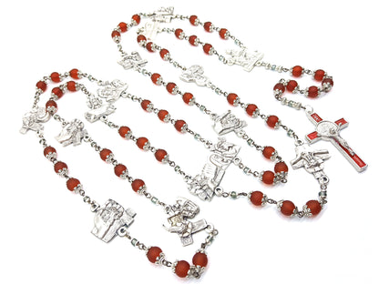 Stations of the Cross unique rosary beads prayer beads with red glass beads and silver stations medals, red and silver St. Benedict crucifix.