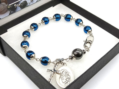 Saint Joseph unique rosary beads single decade with blue gemstone hematite beads, stainless steel bead caps and clasp, silver crucifix and St. Joseph medal.