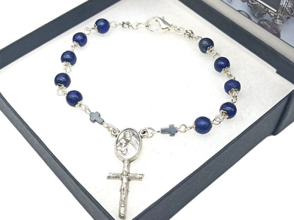 God the Father Lapis Lazuli unique rosary beads single decade with silver crucifix and lobster clasp.