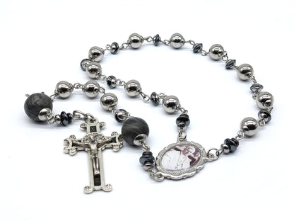 Saint Pope Pius X unique rosary beads single decade with stainless steel and gemstone beads, silver and black enamel St. Benedict crucifix and silver Pius X picture centre medal.