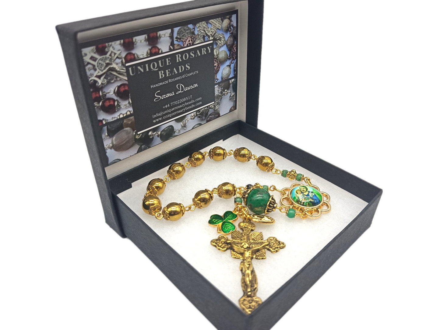 Saint Joseph unique rosary beads single decade with gold hematite and gemstone beads, crucifix and St. Joseph picture centre medal.