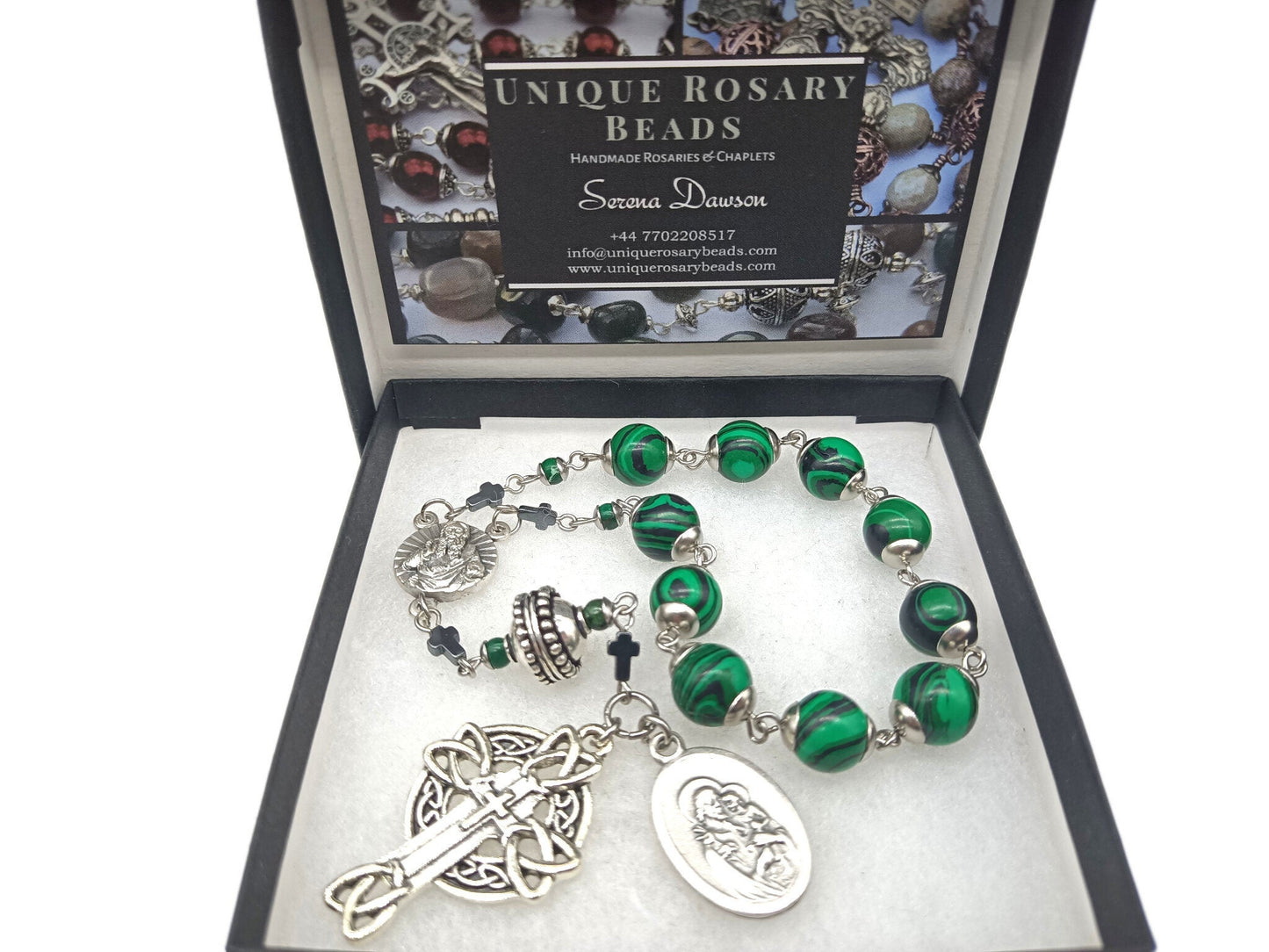 Saint Joseph unique rosary beads single decade with green gemstone beads, silver crucifix and St. Joseph medals.