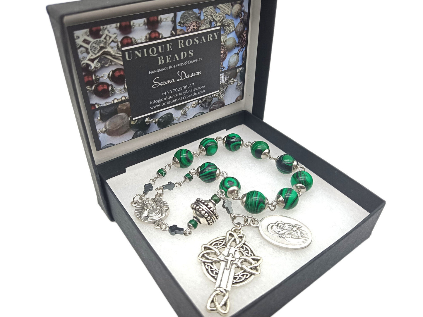 Saint Joseph unique rosary beads single decade with green gemstone beads, silver crucifix and St. Joseph medals.