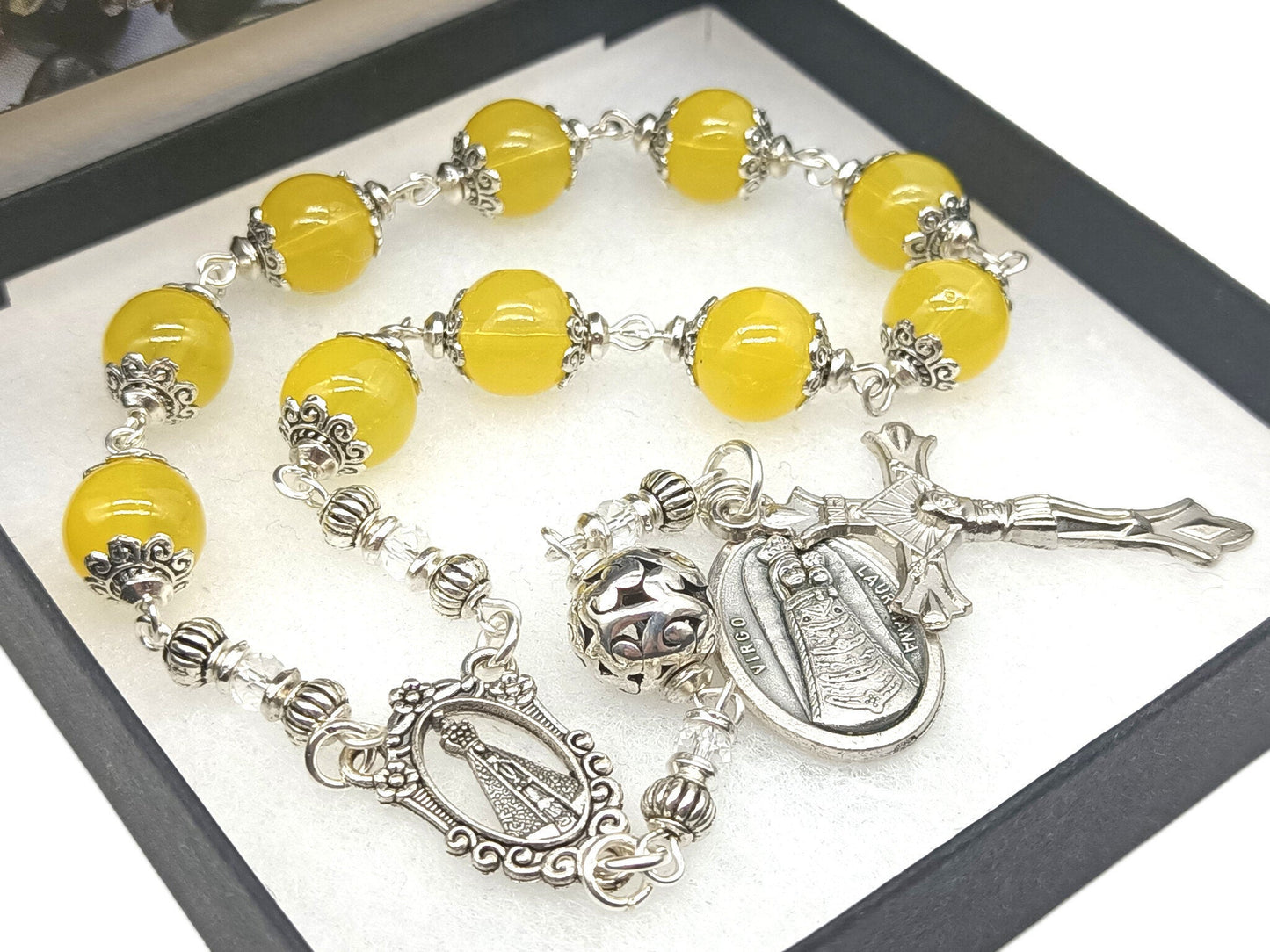 Our lady of Loretto unique rosary beads single decade with yellow glass beads, silver crucifix, pater bead and Virgo Lauretana centre medal.