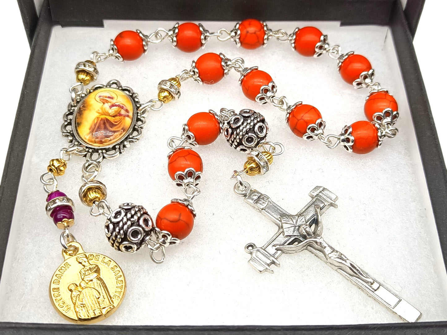 Our lady of La Salette unique rosary beads single decade with gemstone beads, silver crucifix, pater beads and La Salette centre medal.