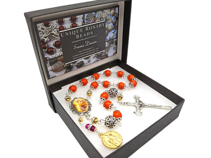 Our lady of La Salette unique rosary beads single decade with gemstone beads, silver crucifix, pater beads and La Salette centre medal.