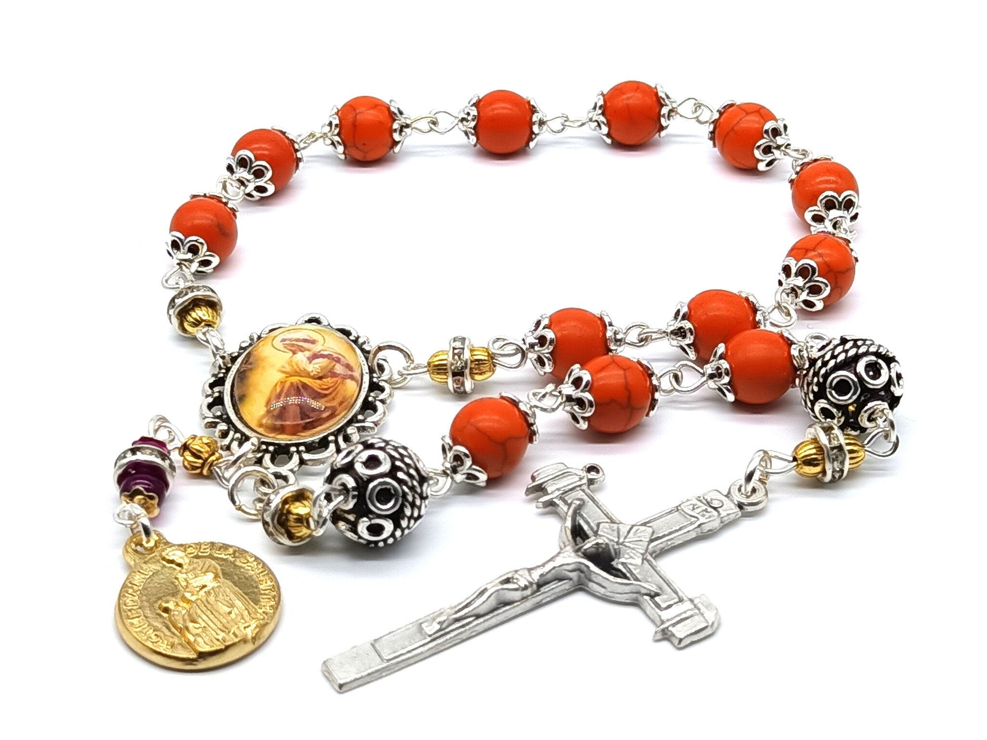 Our lady of La Salette unique rosary beads single decade with gemstone beads, silver crucifix, pater beads and La Salette centre medal.