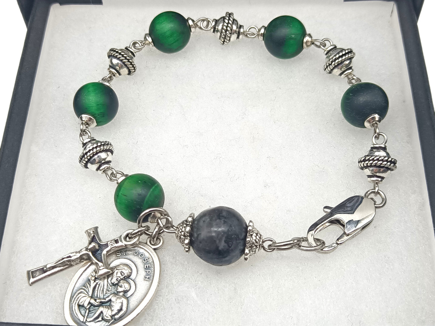 Saint Joseph unique rosary beads single decade with green gemstone beads and silver beads, crucifix and St. Joseph medal and stainless steel clasp.