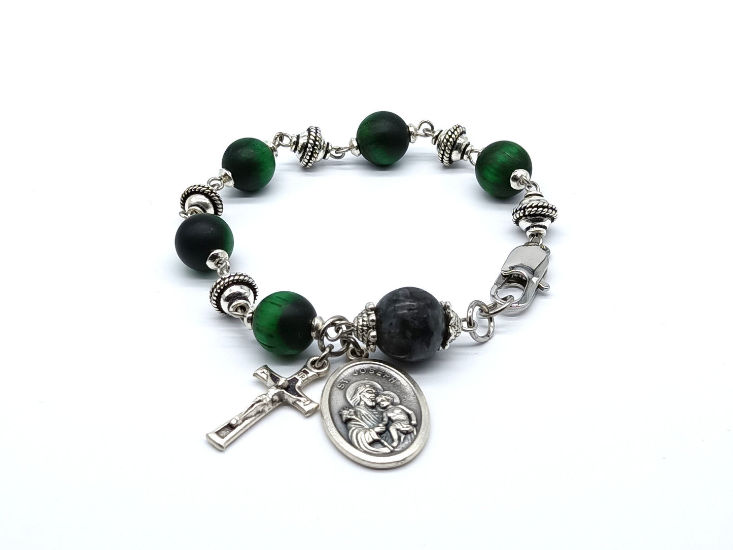 Saint Joseph unique rosary beads single decade with green gemstone beads and silver beads, crucifix and St. Joseph medal and stainless steel clasp.