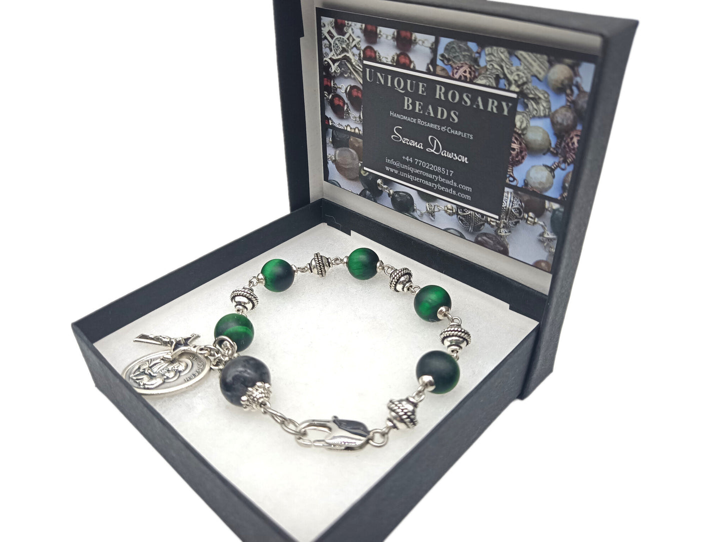 Saint Joseph unique rosary beads single decade with green gemstone beads and silver beads, crucifix and St. Joseph medal and stainless steel clasp.