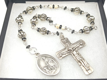 Saint Edward unique rosary beads prayer chaplet with silver and gemstone beads, silver crucifix and medal.