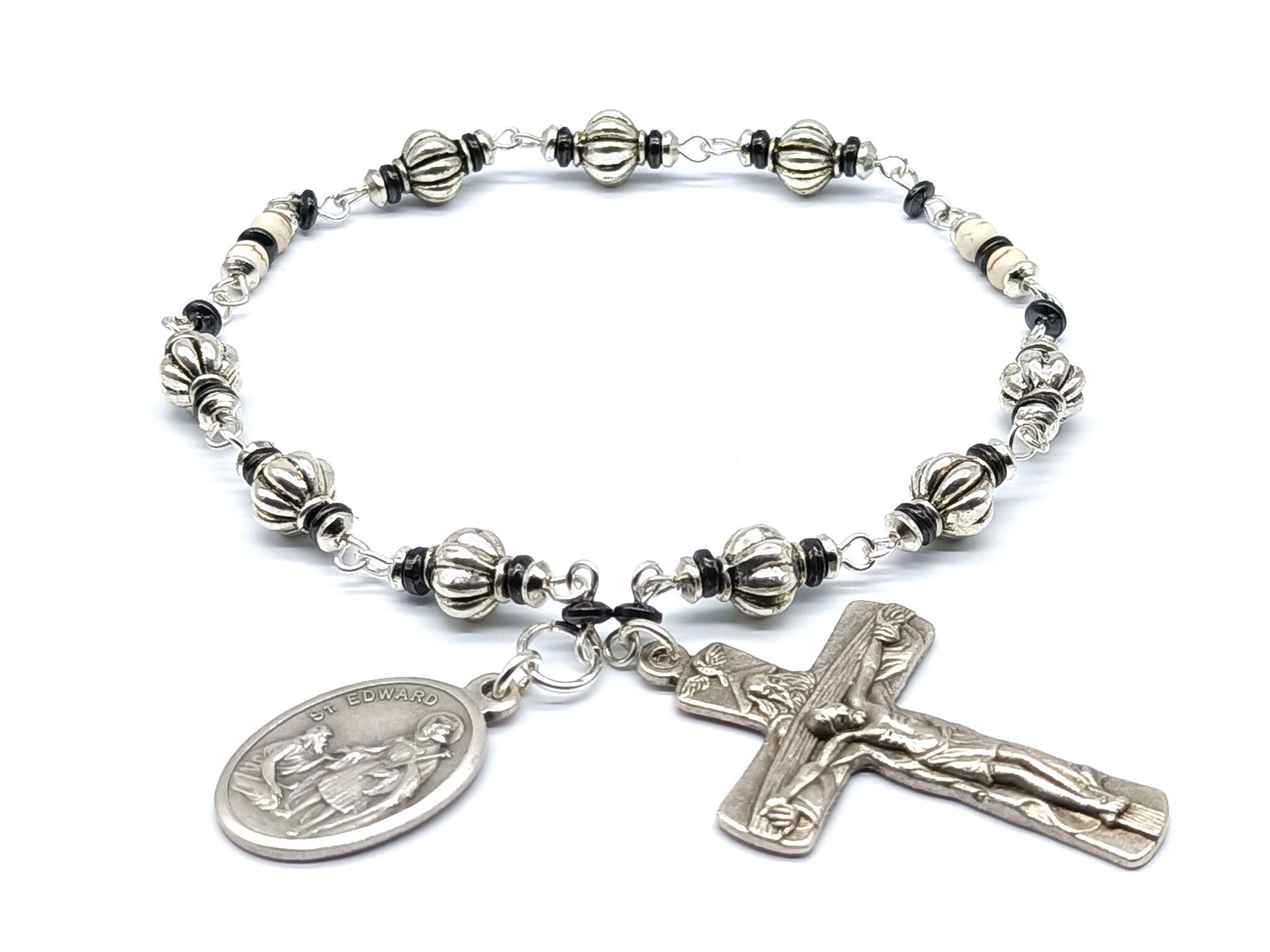 Saint Edward unique rosary beads prayer chaplet with silver and gemstone beads, silver crucifix and medal.