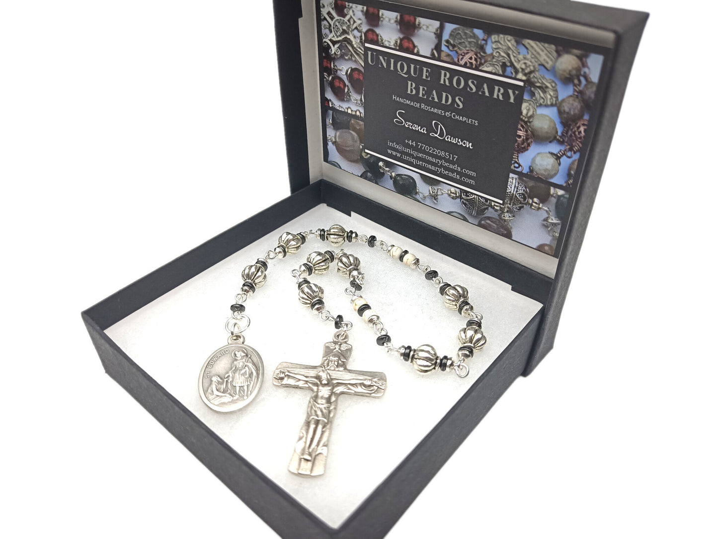 Saint Edward unique rosary beads prayer chaplet with silver and gemstone beads, silver crucifix and medal.