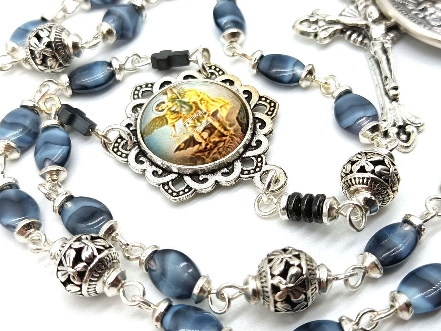 Saint Michael unique rosary beads prayer chaplet with blue glass beads and silver crucifix, Saint Michael picture medal and silver bead caps.