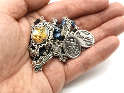 Saint Michael unique rosary beads prayer chaplet with blue glass beads and silver crucifix, Saint Michael picture medal and silver bead caps.