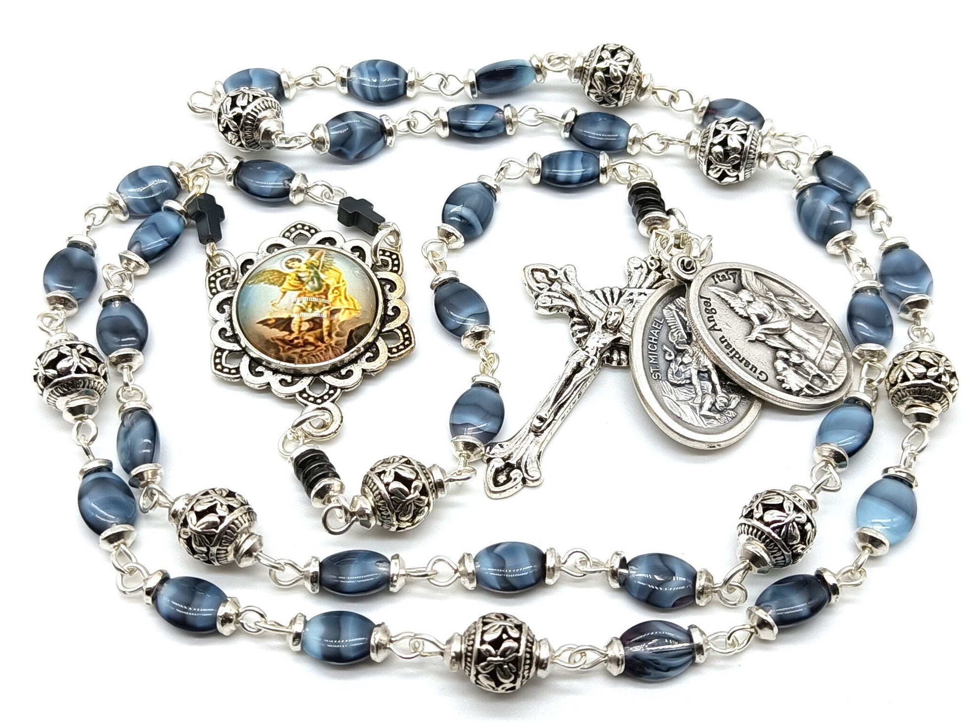 Saint Michael unique rosary beads prayer chaplet with blue glass beads and silver crucifix, Saint Michael picture medal and silver bead caps.