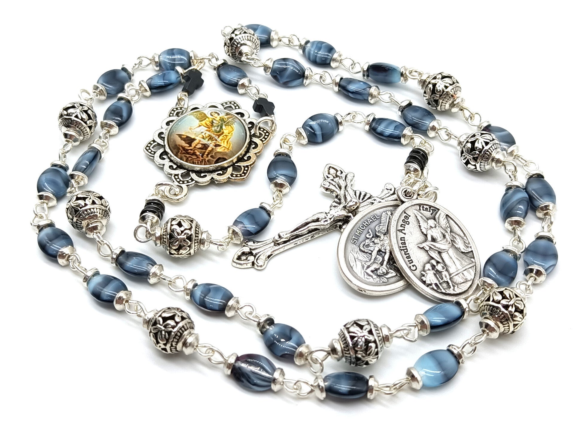 Saint Michael unique rosary beads prayer chaplet with blue glass beads and silver crucifix, Saint Michael picture medal and silver bead caps.