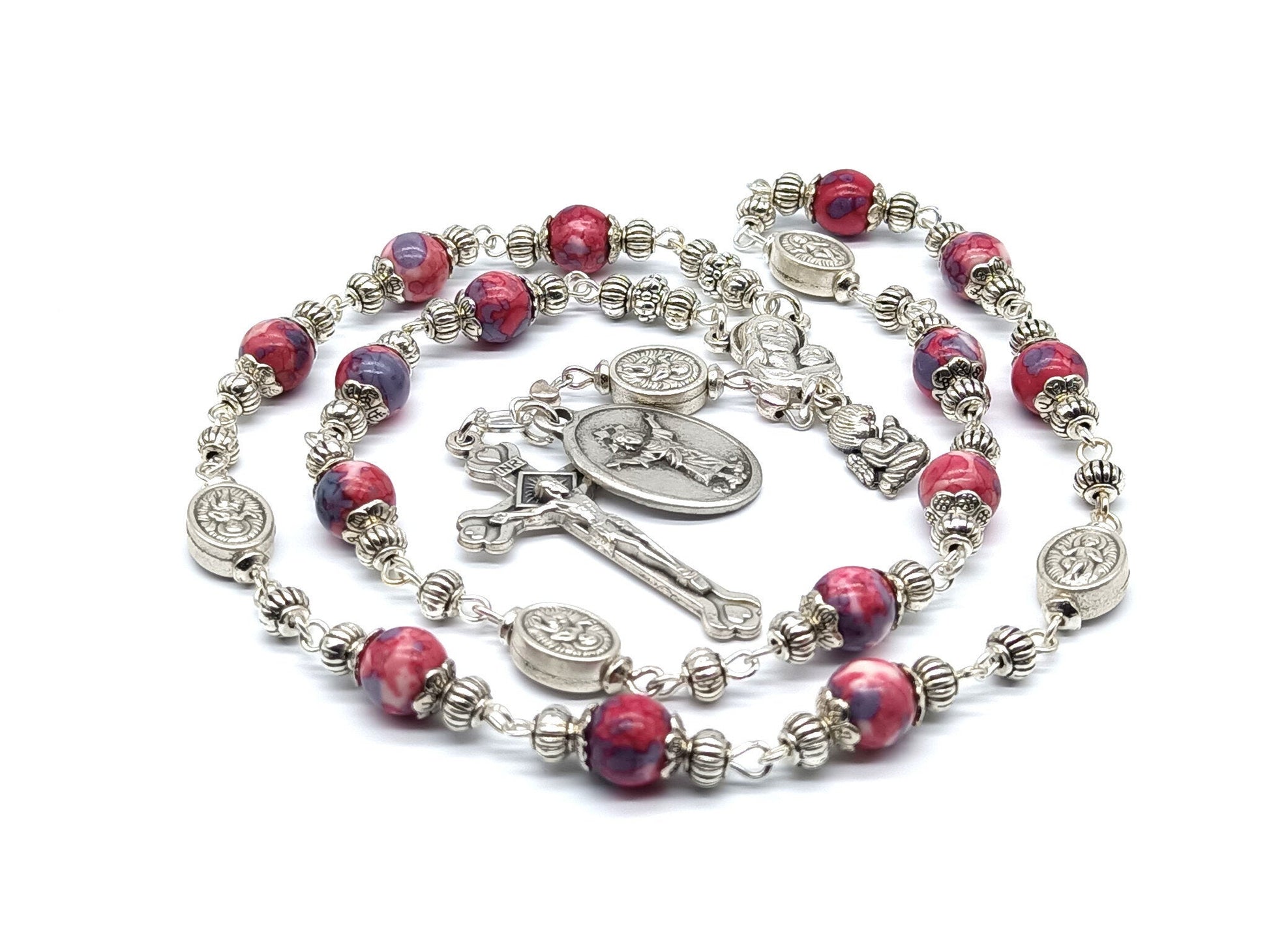 Gemstone Divino Nino unique rosary beads chaplet for the unborn with silver guardian angel medals.