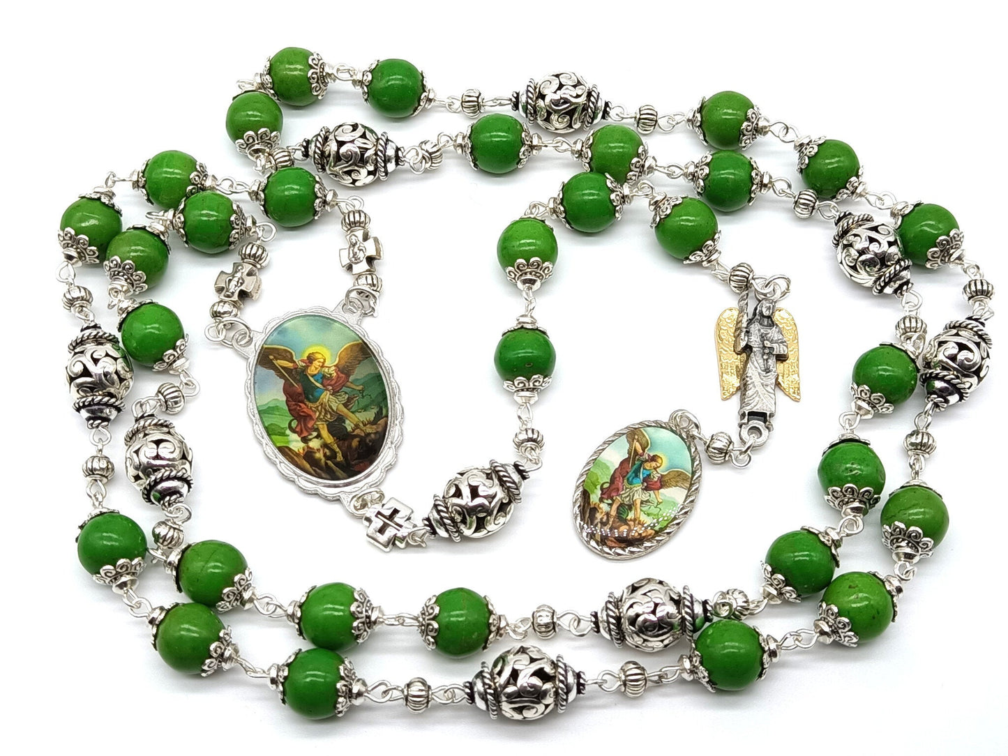 Saint Michael unique rosary beads prayer chaplet with green gemstone beads and silver picture medals, angel medal and silver bead caps.