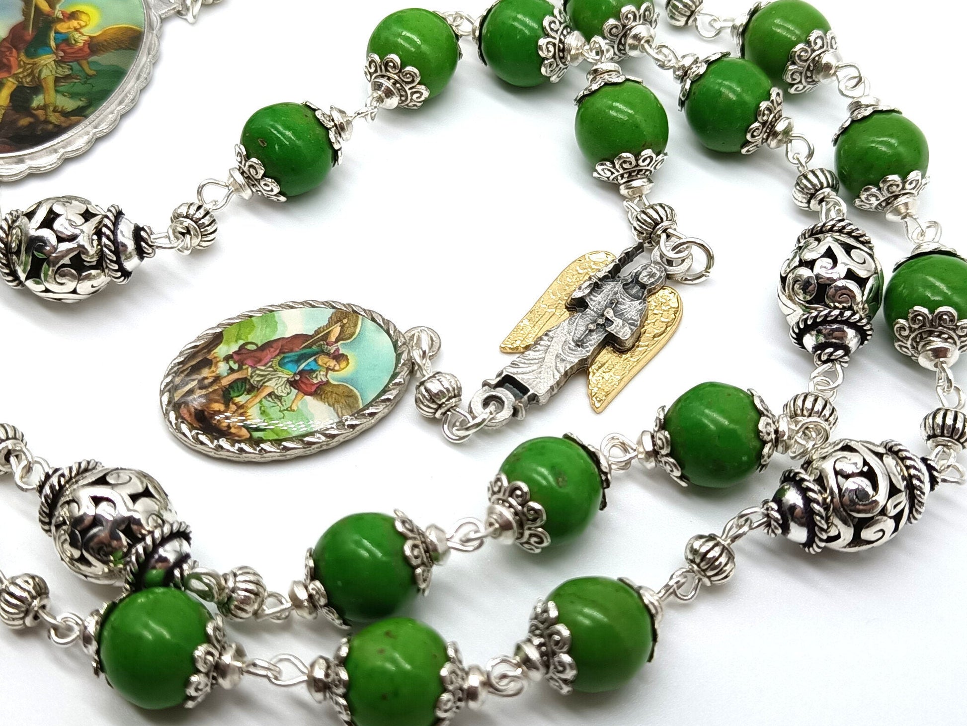 Saint Michael unique rosary beads prayer chaplet with green gemstone beads and silver picture medals, angel medal and silver bead caps.