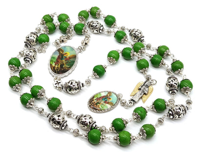 Saint Michael unique rosary beads prayer chaplet with green gemstone beads and silver picture medals, angel medal and silver bead caps.