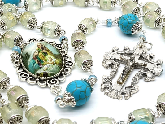 Holy Family unique rosary beads with frosted glass beads, blue gemstone pater beads, silver crucifix and picture centre medal. 